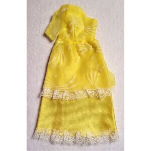 Vtg 80s Yellow Bridesmaid Gown Barbie One Shoulder Diamond Satin & Star Lace TLC